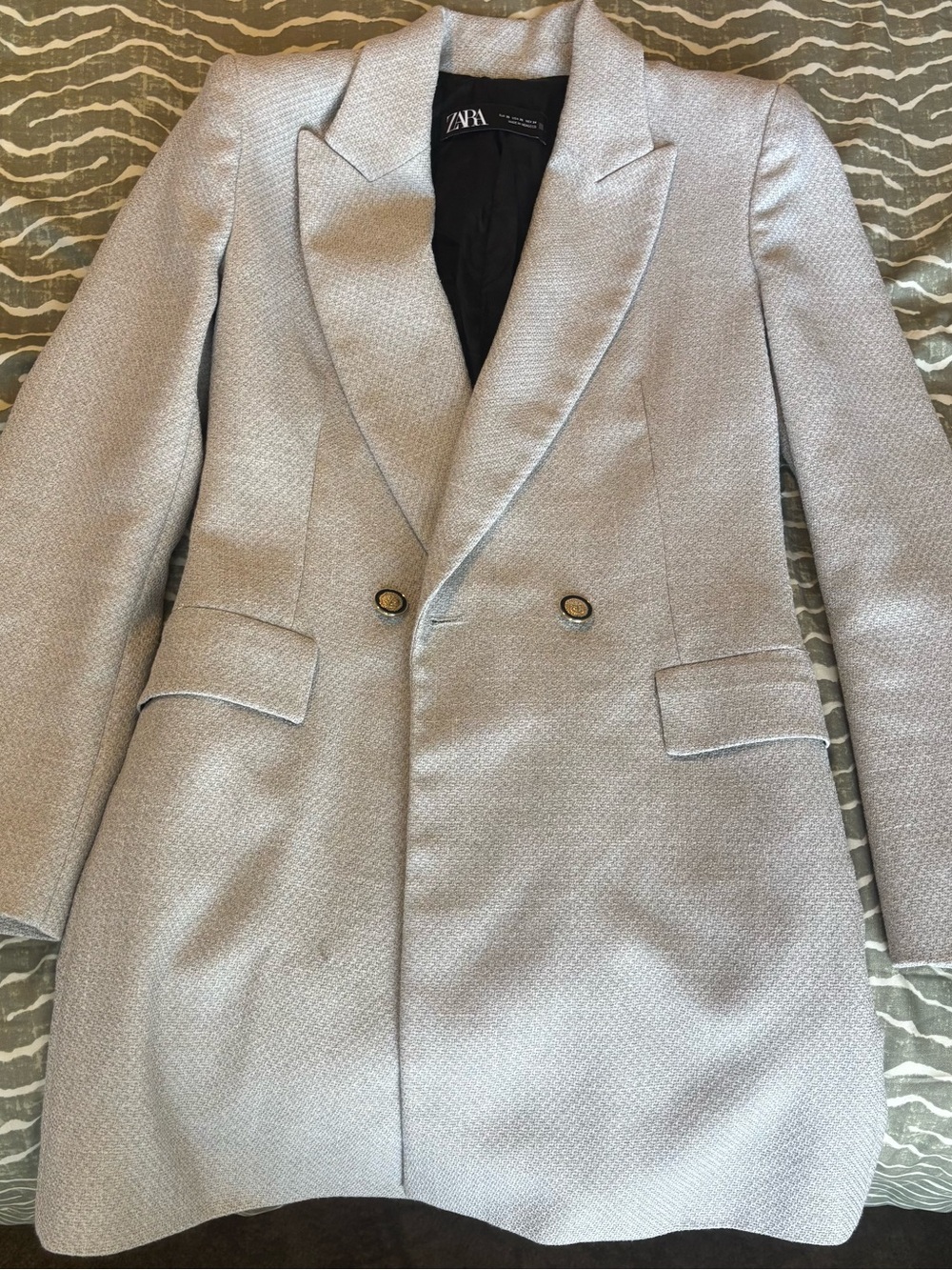ZARA Light Silver Textured Double-Breasted Blazer